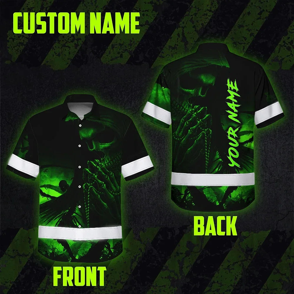Hi Vis Hawaiian Shirt Reflective Black Skull Custom Name Safety Workwear For Skull Lover