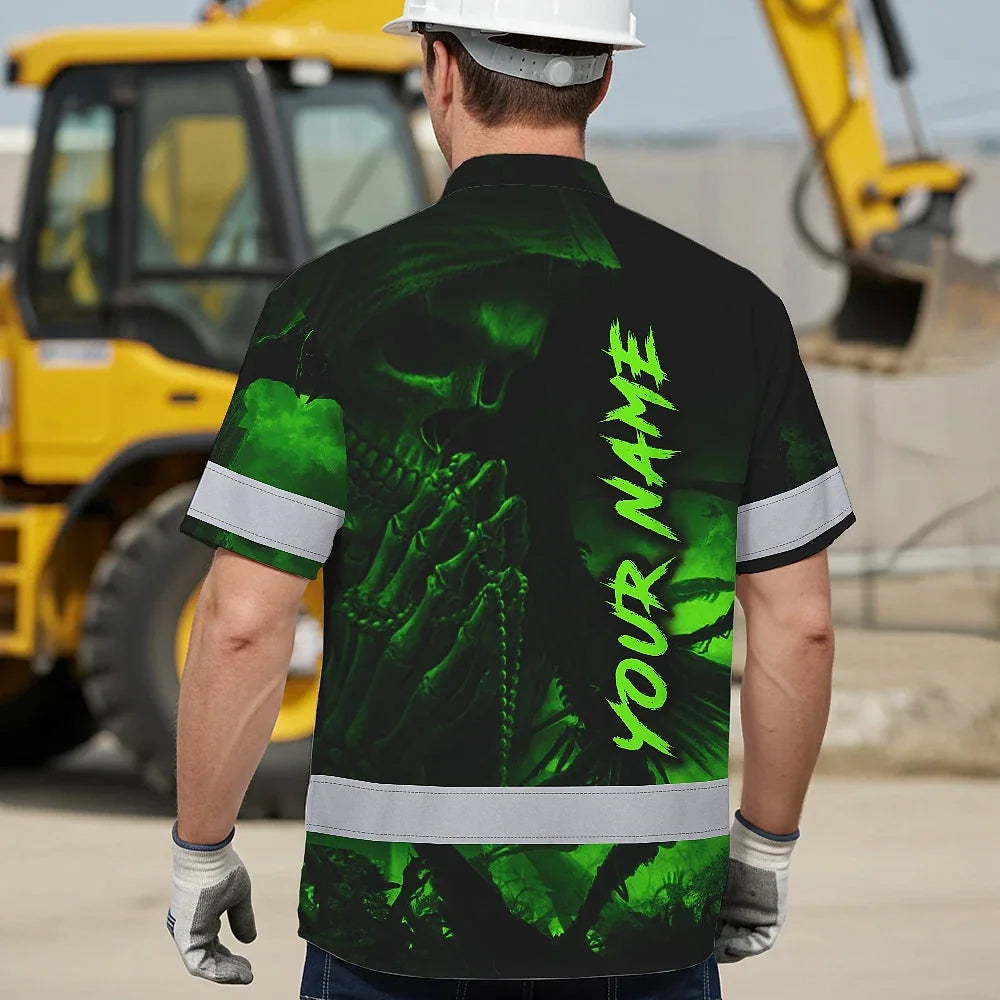 Hi Vis Hawaiian Shirt Reflective Black Skull Custom Name Safety Workwear For Skull Lover