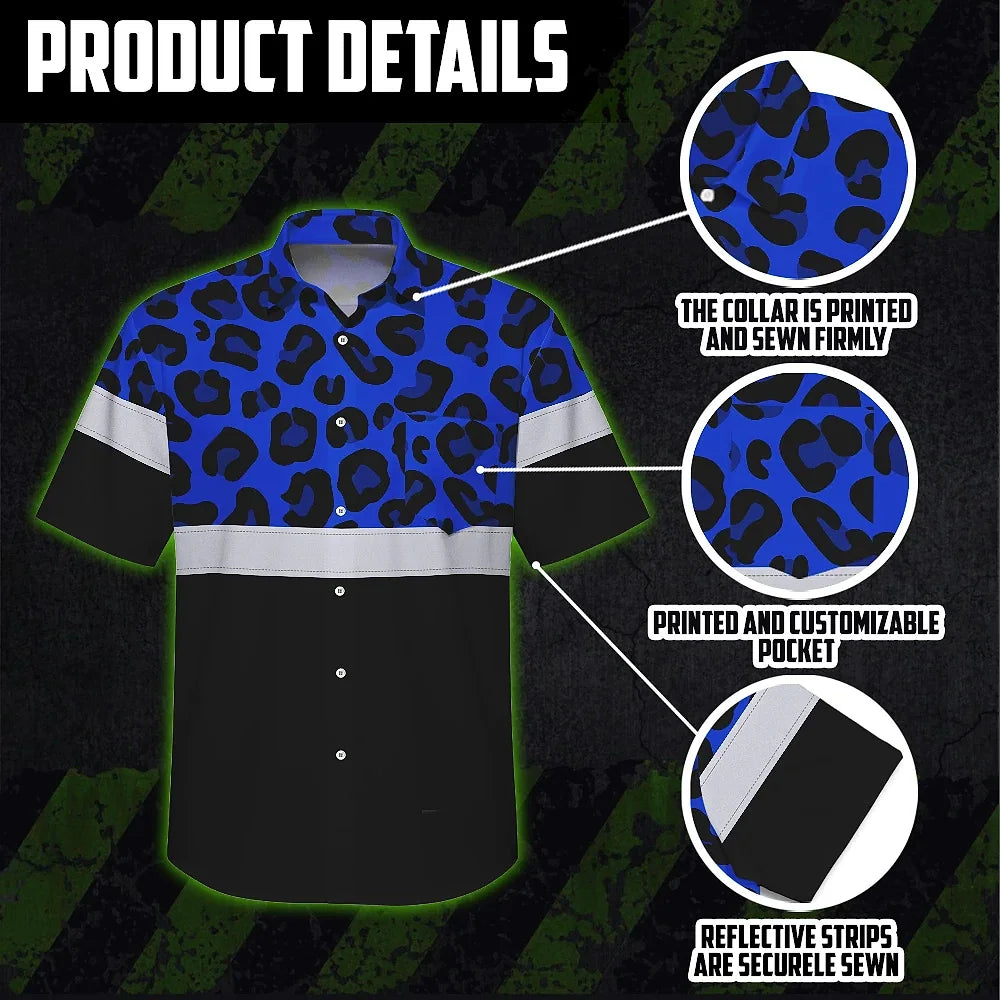 Hi Vis Hawaiian Shirt Reflective Blue Leopard Custom Name Safety Workwear For Workers, Truckers, Operators