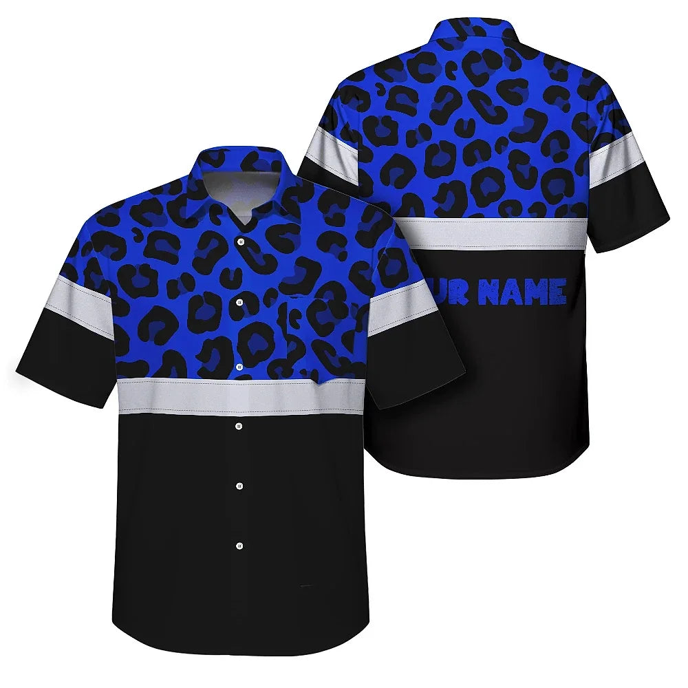 Hi Vis Hawaiian Shirt Reflective Blue Leopard Custom Name Safety Workwear For Workers, Truckers, Operators