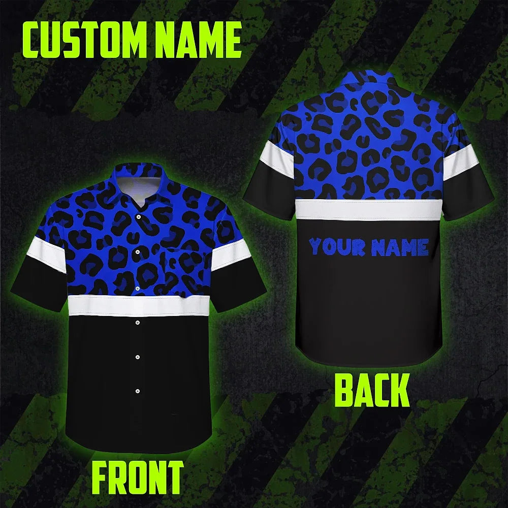 Hi Vis Hawaiian Shirt Reflective Blue Leopard Custom Name Safety Workwear For Workers, Truckers, Operators