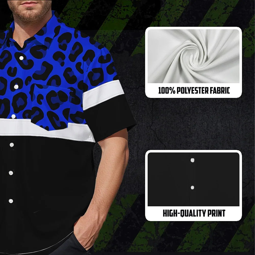 Hi Vis Hawaiian Shirt Reflective Blue Leopard Custom Name Safety Workwear For Workers, Truckers, Operators