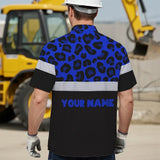 Hi Vis Hawaiian Shirt Reflective Blue Leopard Custom Name Safety Workwear For Workers, Truckers, Operators