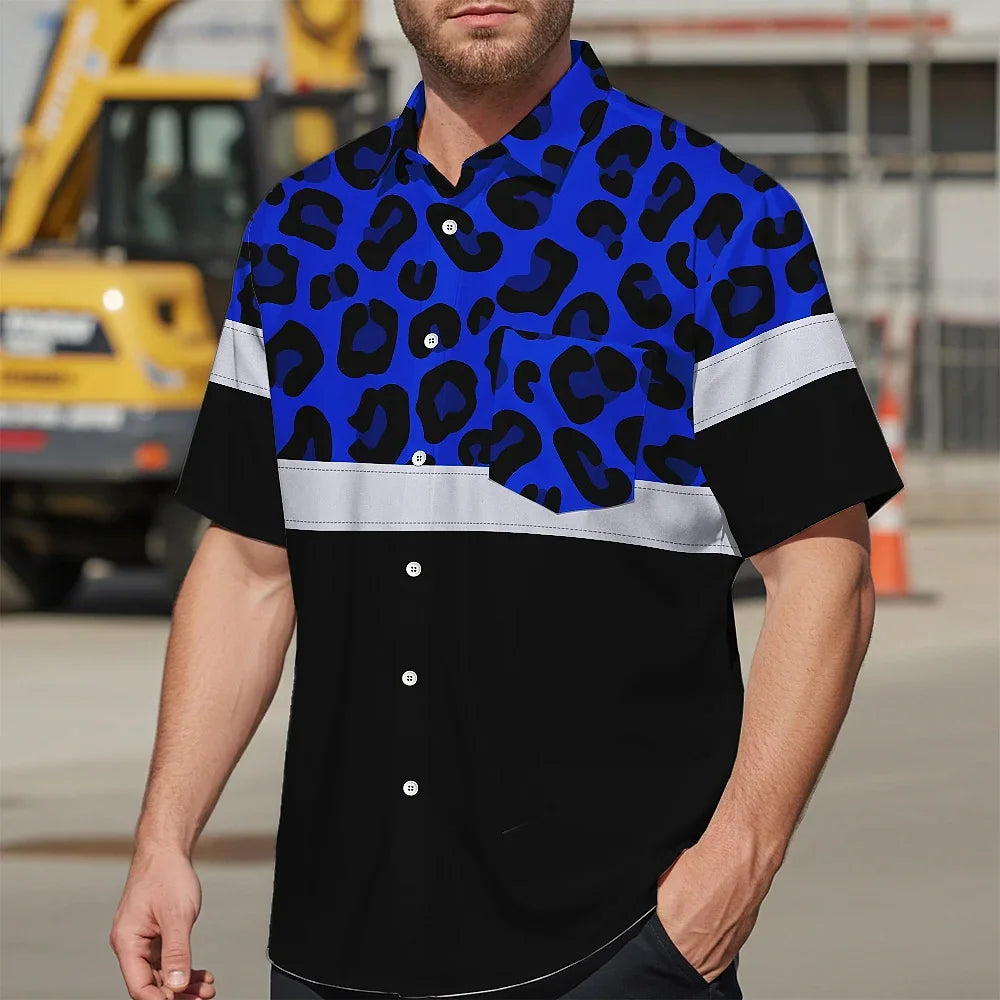 Hi Vis Hawaiian Shirt Reflective Blue Leopard Custom Name Safety Workwear For Workers, Truckers, Operators