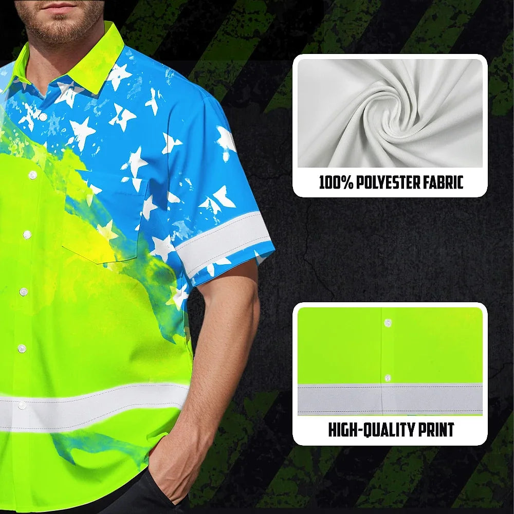 Hi Vis Hawaiian Shirt Reflective Blue Neon American Flag Custom Name Safety Workwear For Workers, Truckers