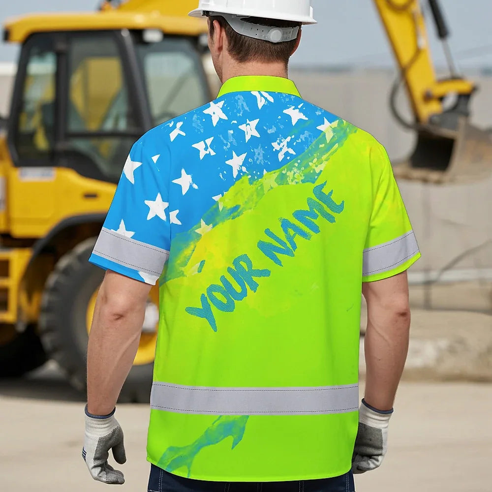 Hi Vis Hawaiian Shirt Reflective Blue Neon American Flag Custom Name Safety Workwear For Workers, Truckers