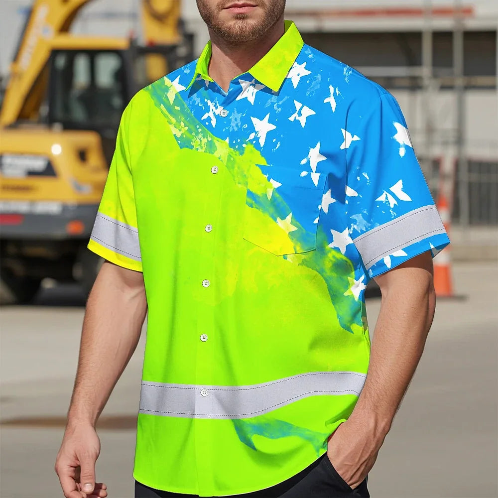 Hi Vis Hawaiian Shirt Reflective Blue Neon American Flag Custom Name Safety Workwear For Workers, Truckers