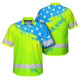Hi Vis Hawaiian Shirt Reflective Blue Neon American Flag Custom Name Safety Workwear For Workers, Truckers