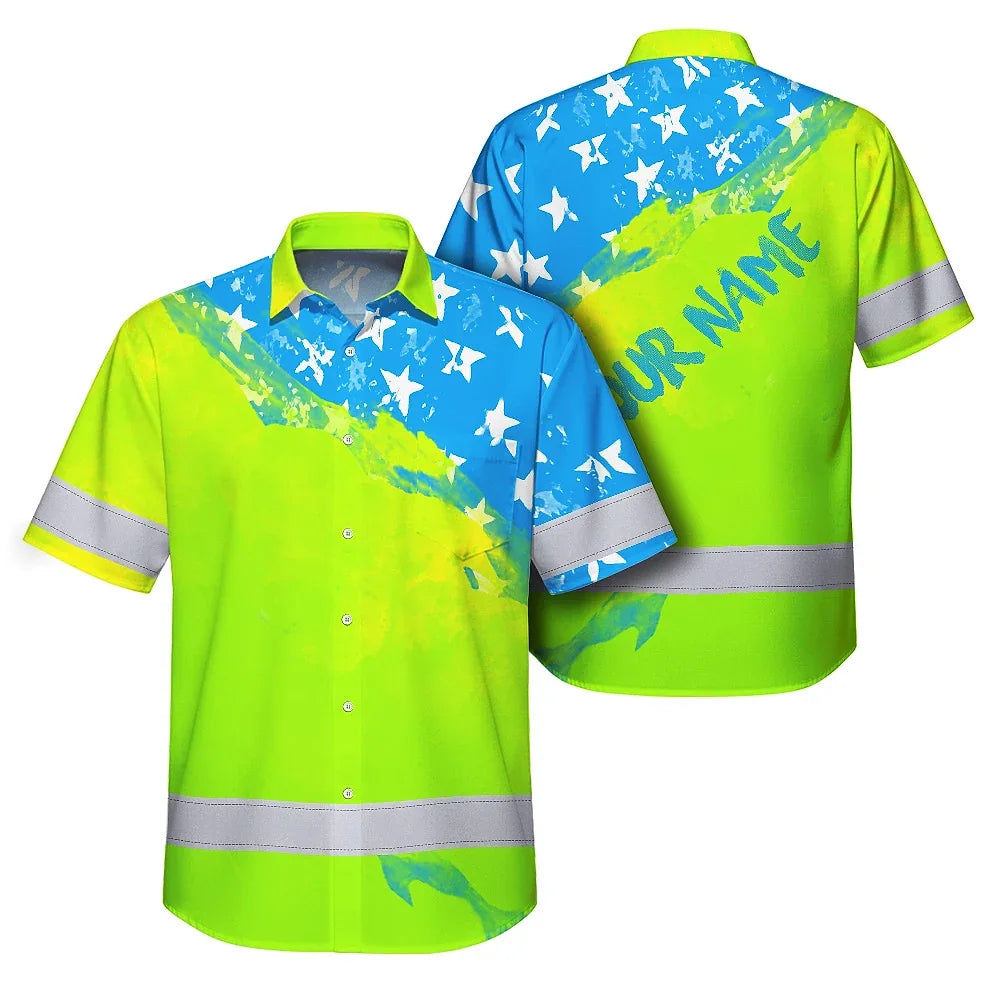 Hi Vis Hawaiian Shirt Reflective Blue Neon American Flag Custom Name Safety Workwear For Workers, Truckers