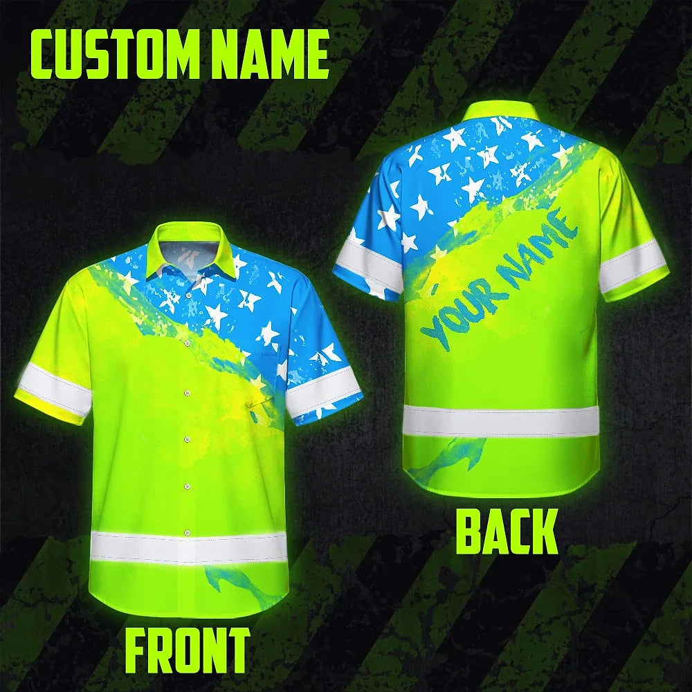 Hi Vis Hawaiian Shirt Reflective Blue Neon American Flag Custom Name Safety Workwear For Workers, Truckers