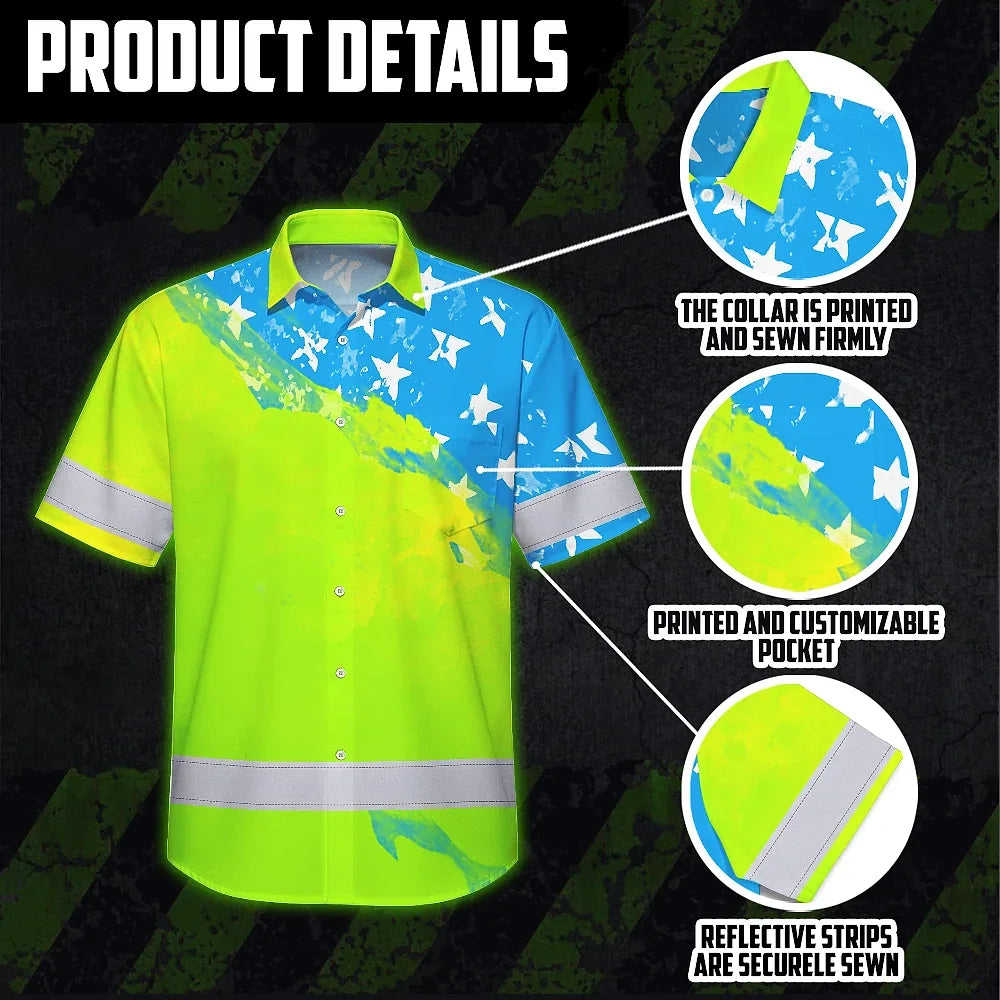 Hi Vis Hawaiian Shirt Reflective Blue Neon American Flag Custom Name Safety Workwear For Workers, Truckers