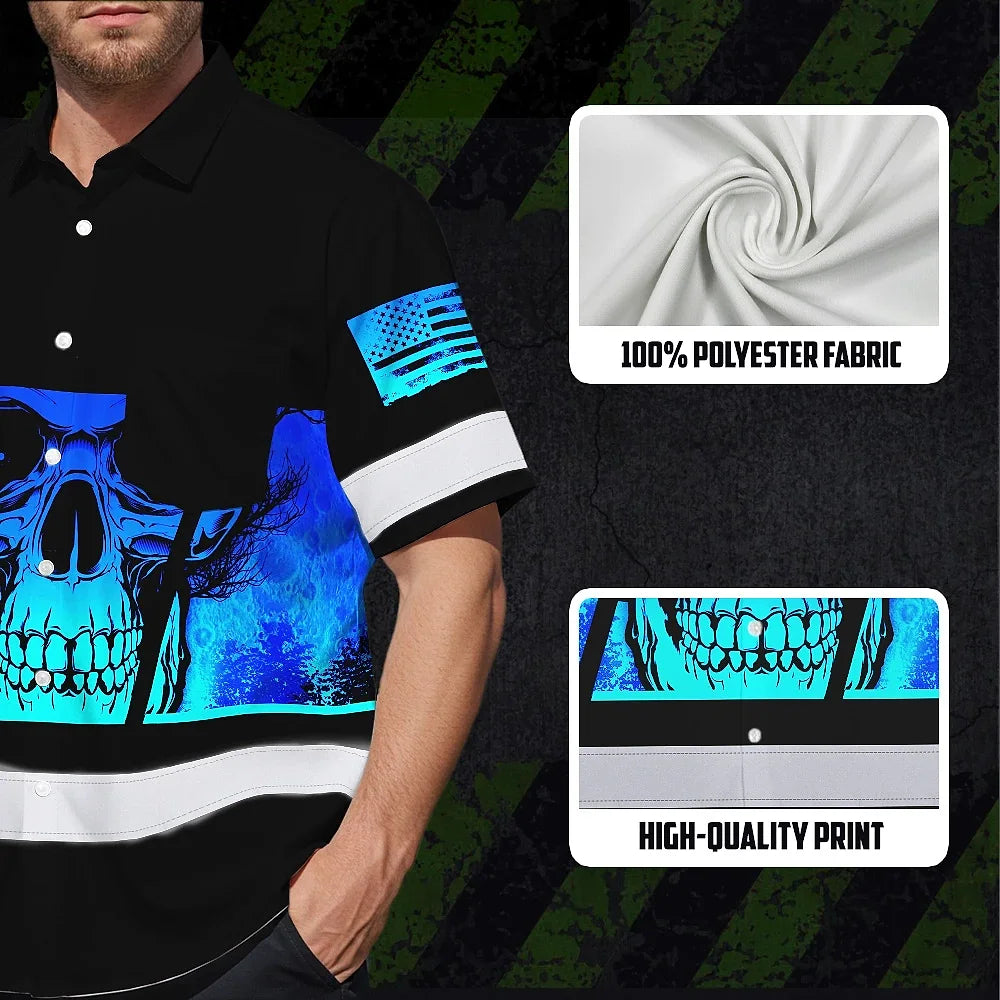 Hi Vis Hawaiian Shirt Reflective Blue Skull Custom Name Safety Workwear