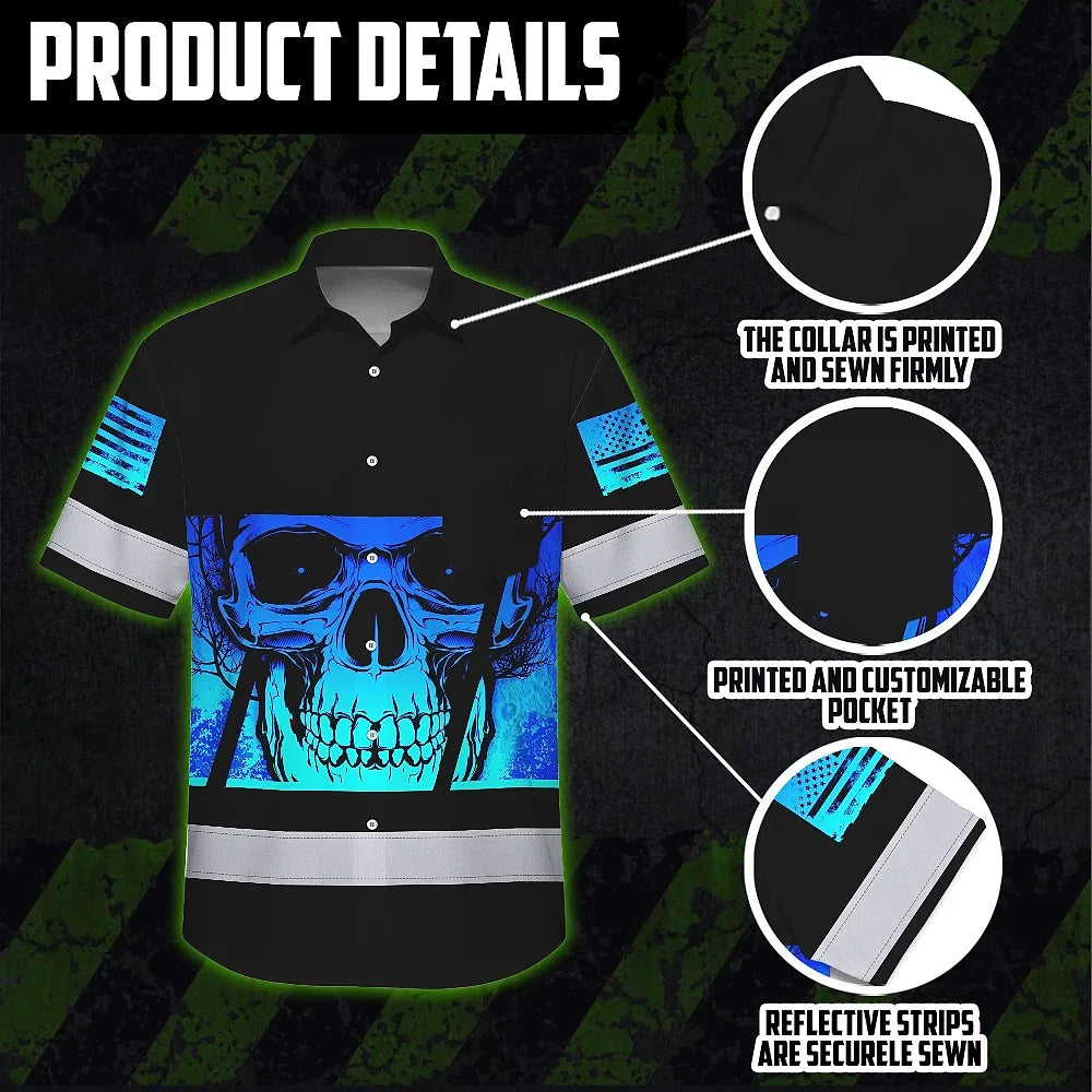 Hi Vis Hawaiian Shirt Reflective Blue Skull Custom Name Safety Workwear