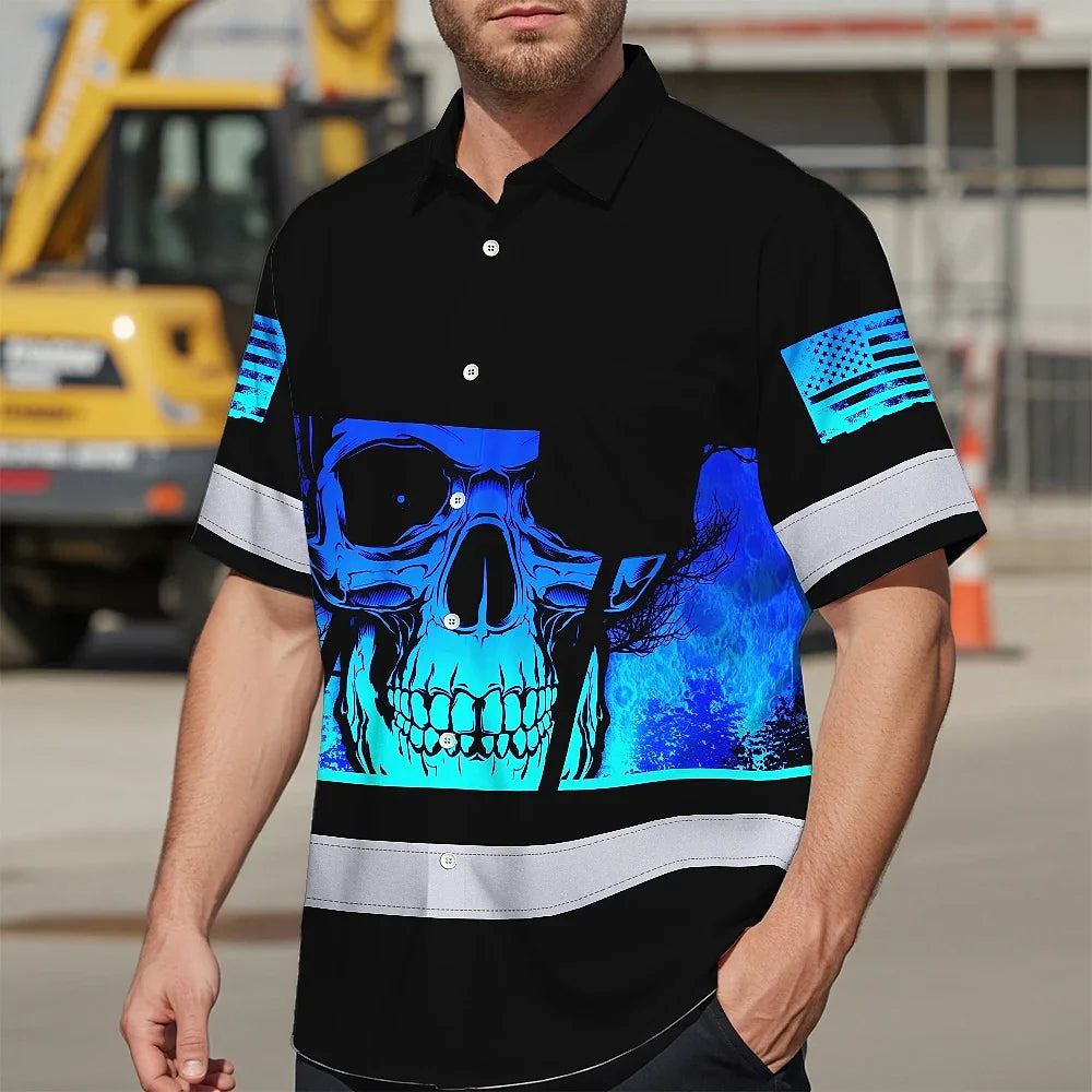 Hi Vis Hawaiian Shirt Reflective Blue Skull Custom Name Safety Workwear