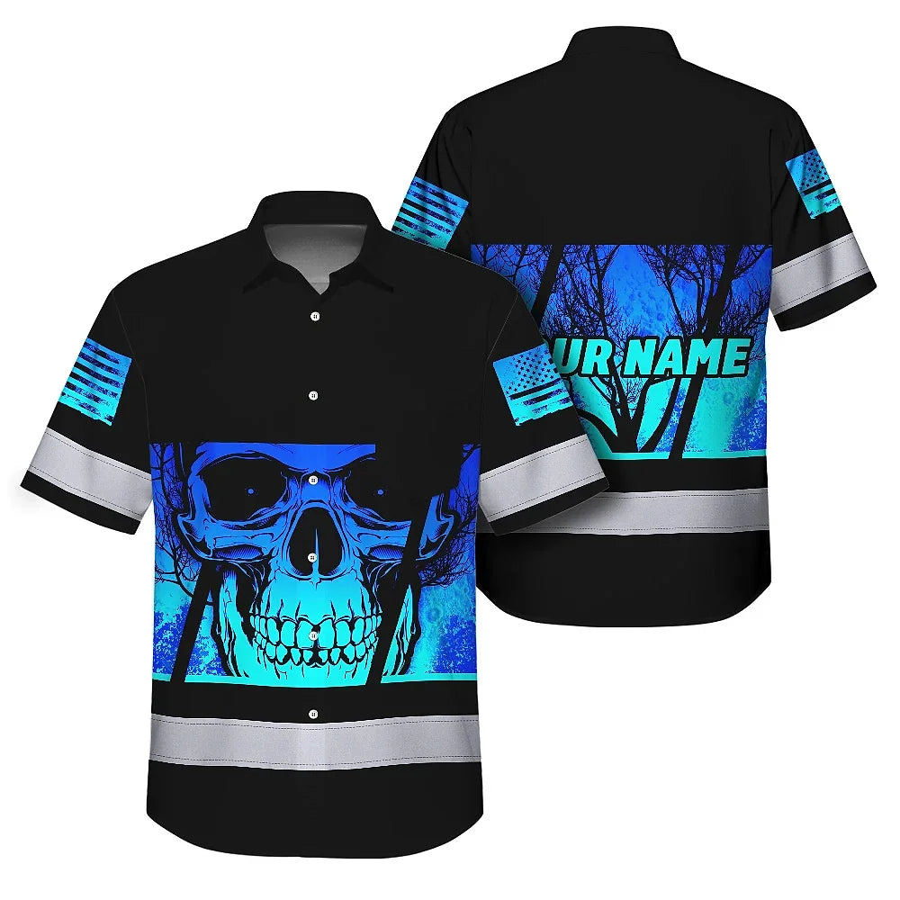Hi Vis Hawaiian Shirt Reflective Blue Skull Custom Name Safety Workwear