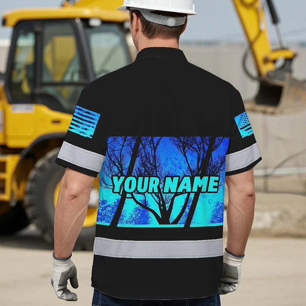 Hi Vis Hawaiian Shirt Reflective Blue Skull Custom Name Safety Workwear