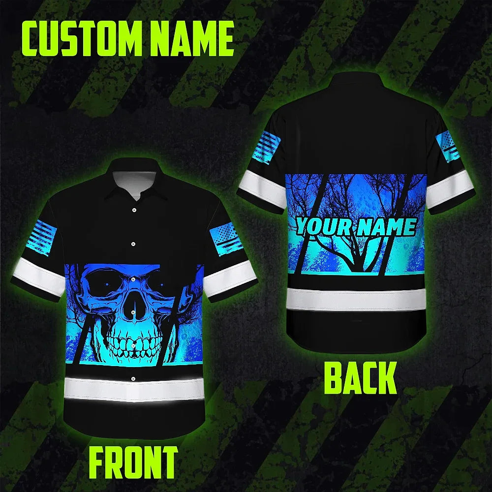 Hi Vis Hawaiian Shirt Reflective Blue Skull Custom Name Safety Workwear