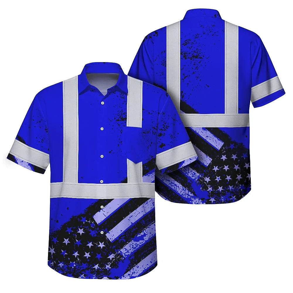 Hi Vis Hawaiian Shirt Reflective Blue US Flag Paint Safety Workwear