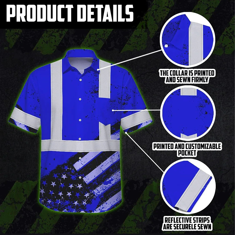 Hi Vis Hawaiian Shirt Reflective Blue US Flag Paint Safety Workwear