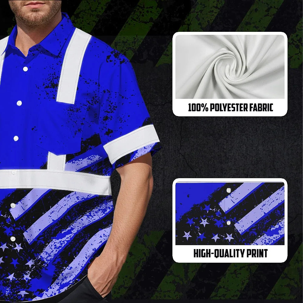 Hi Vis Hawaiian Shirt Reflective Blue US Flag Paint Safety Workwear