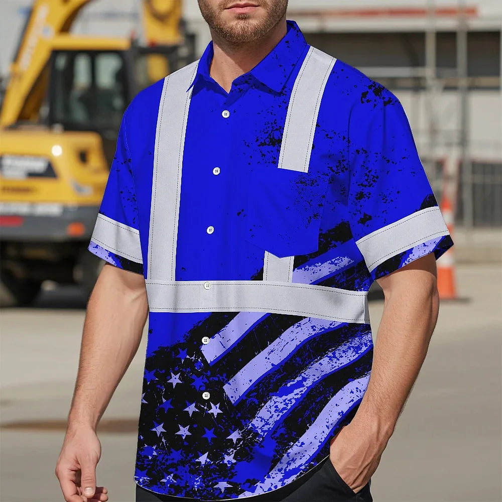 Hi Vis Hawaiian Shirt Reflective Blue US Flag Paint Safety Workwear