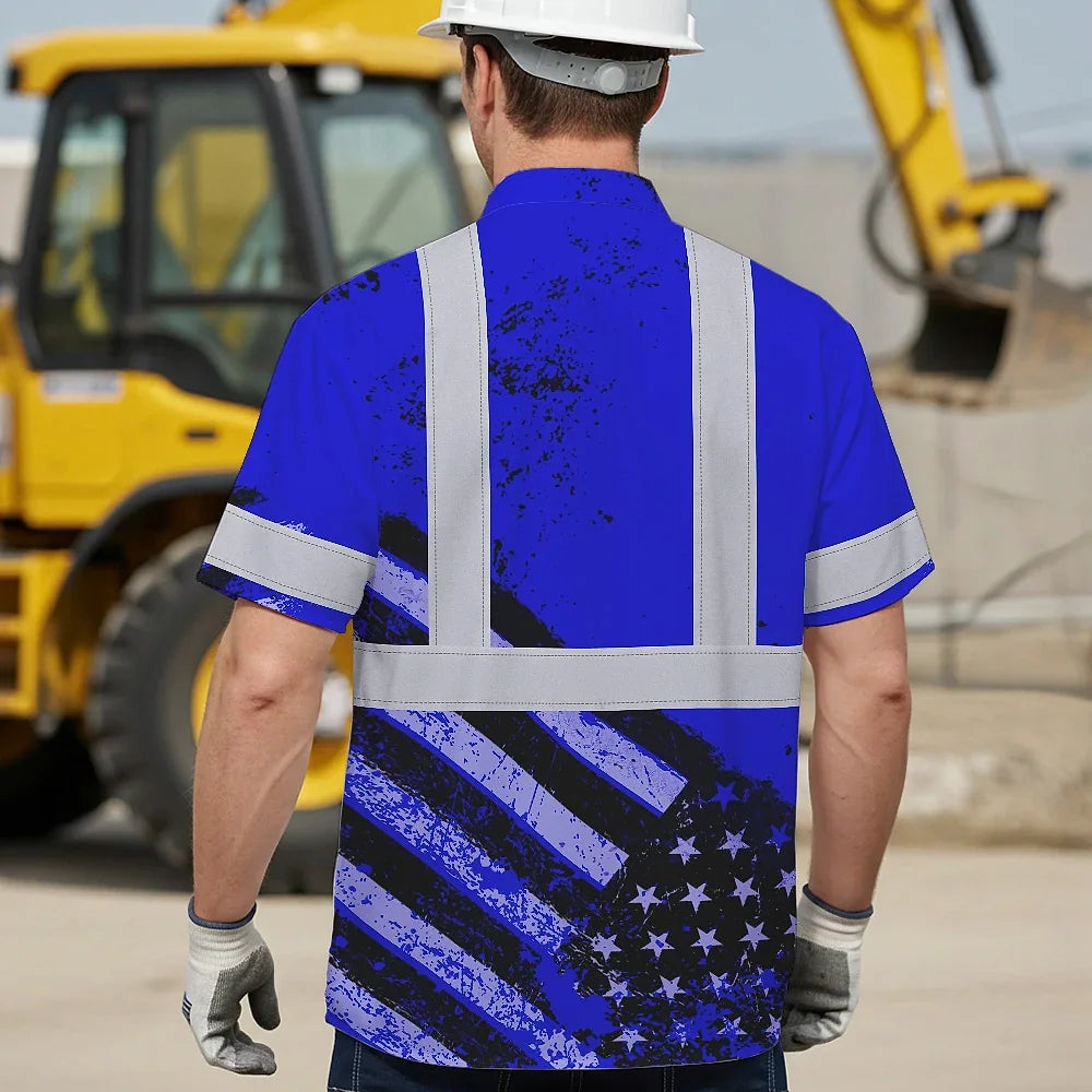 Hi Vis Hawaiian Shirt Reflective Blue US Flag Paint Safety Workwear