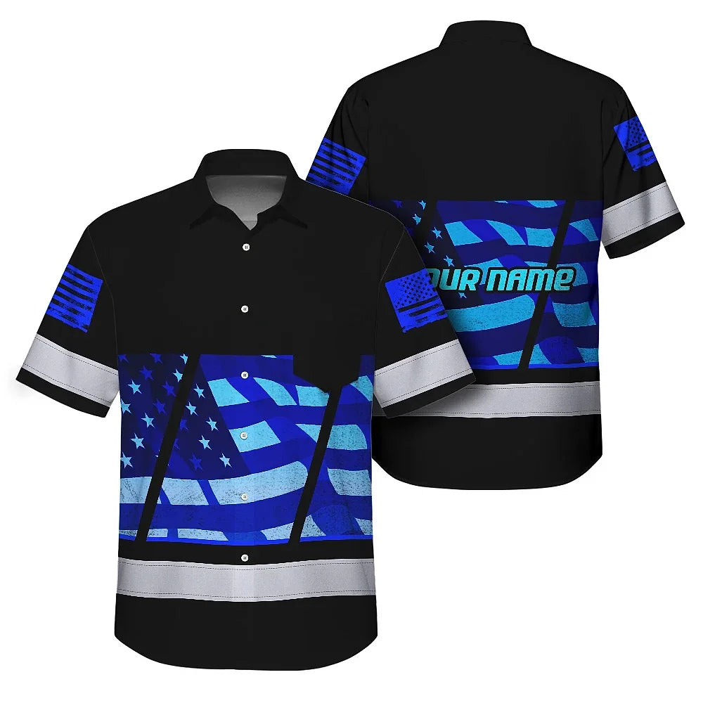 Hi Vis Hawaiian Shirt Reflective Blue USA Flag Custom Name Safety Workwear