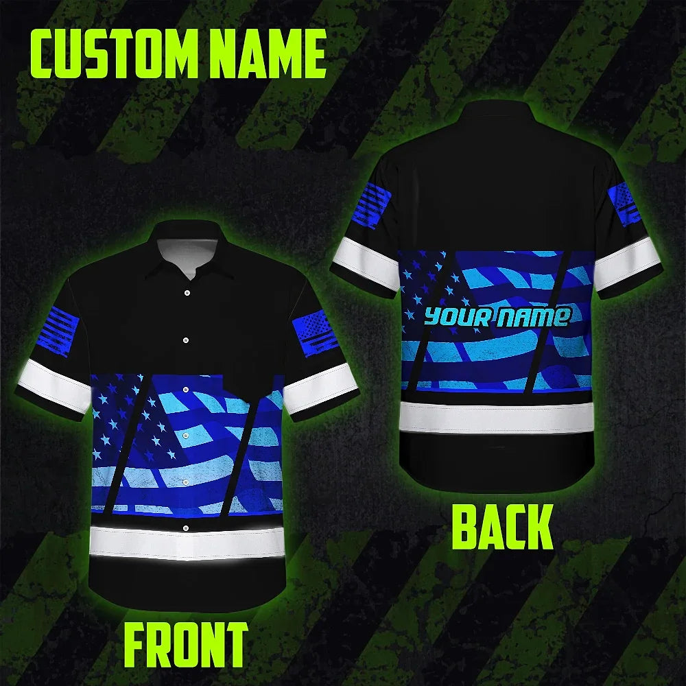 Hi Vis Hawaiian Shirt Reflective Blue USA Flag Custom Name Safety Workwear