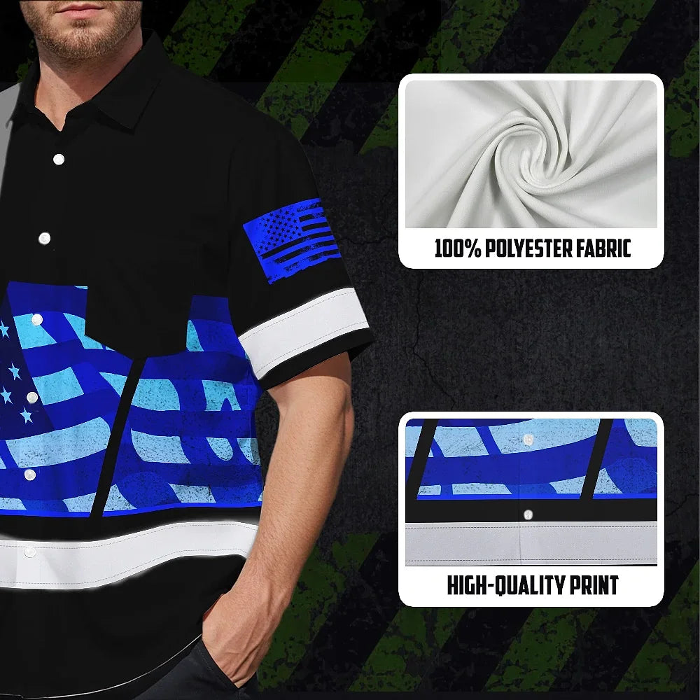 Hi Vis Hawaiian Shirt Reflective Blue USA Flag Custom Name Safety Workwear