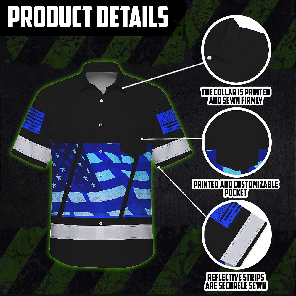 Hi Vis Hawaiian Shirt Reflective Blue USA Flag Custom Name Safety Workwear