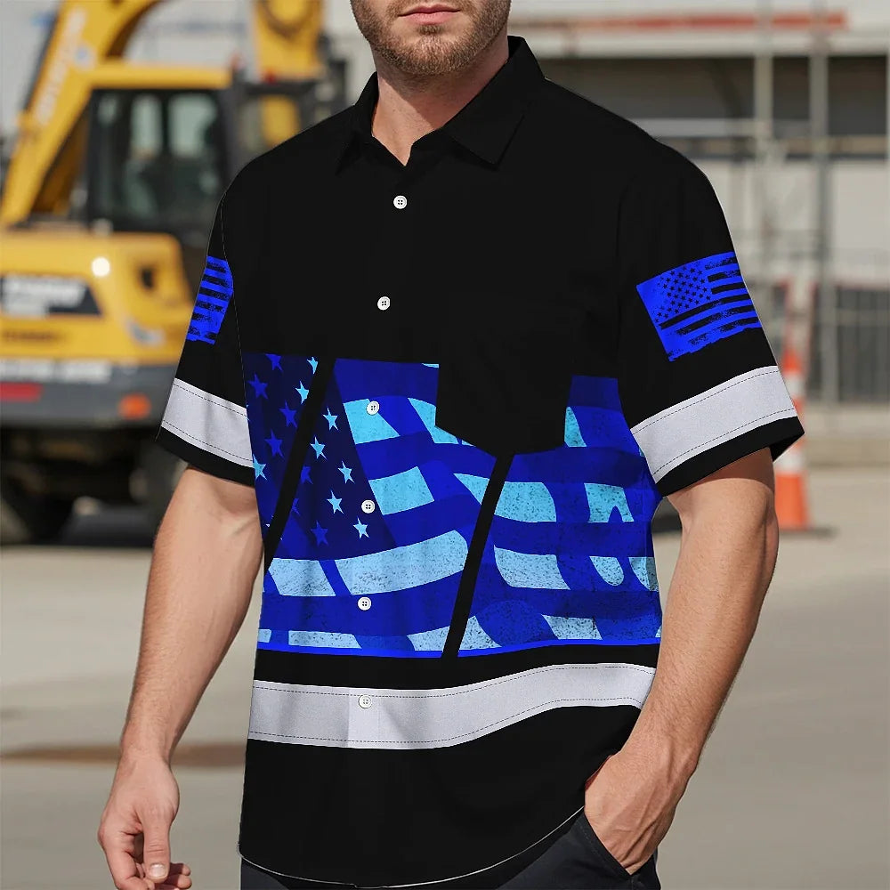 Hi Vis Hawaiian Shirt Reflective Blue USA Flag Custom Name Safety Workwear
