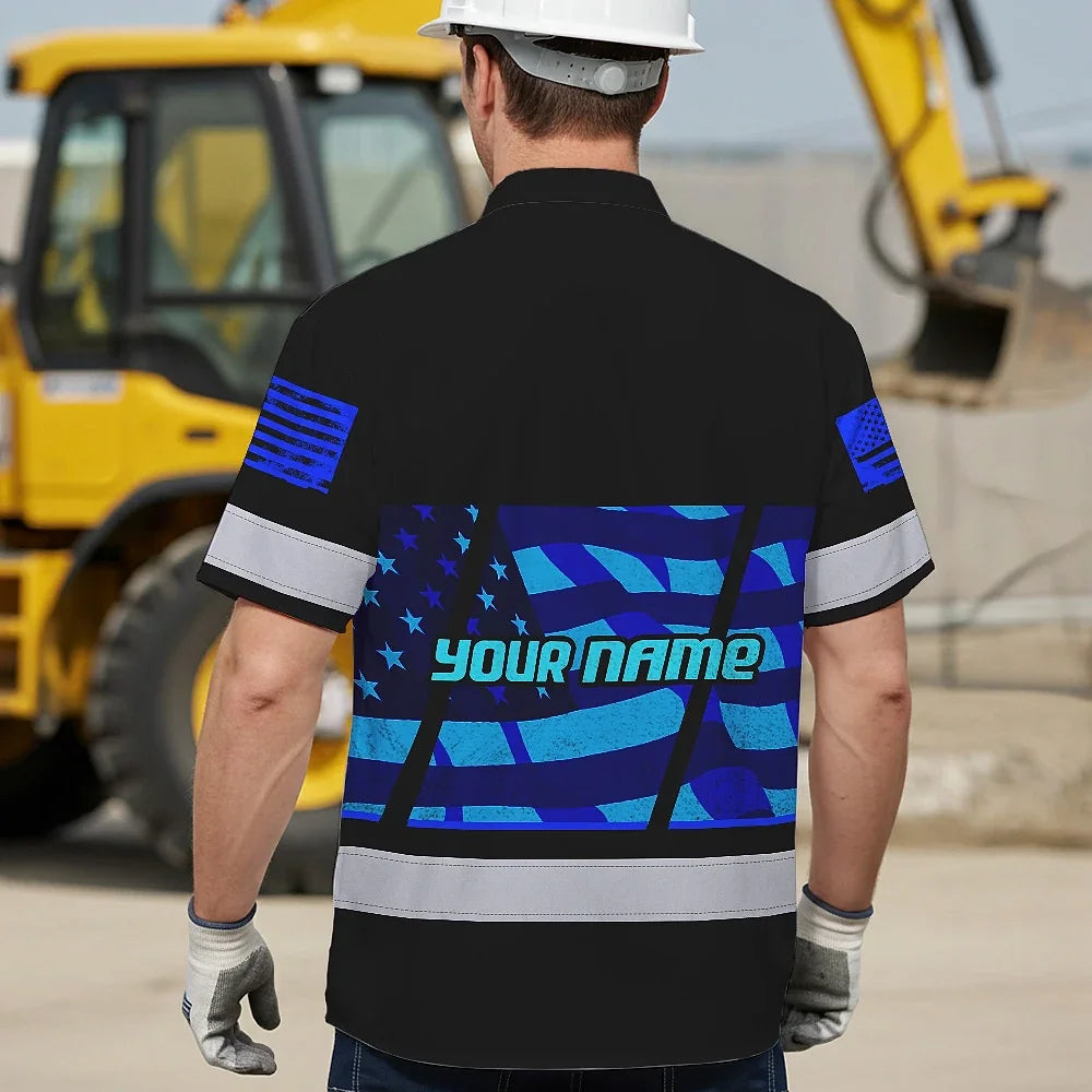 Hi Vis Hawaiian Shirt Reflective Blue USA Flag Custom Name Safety Workwear