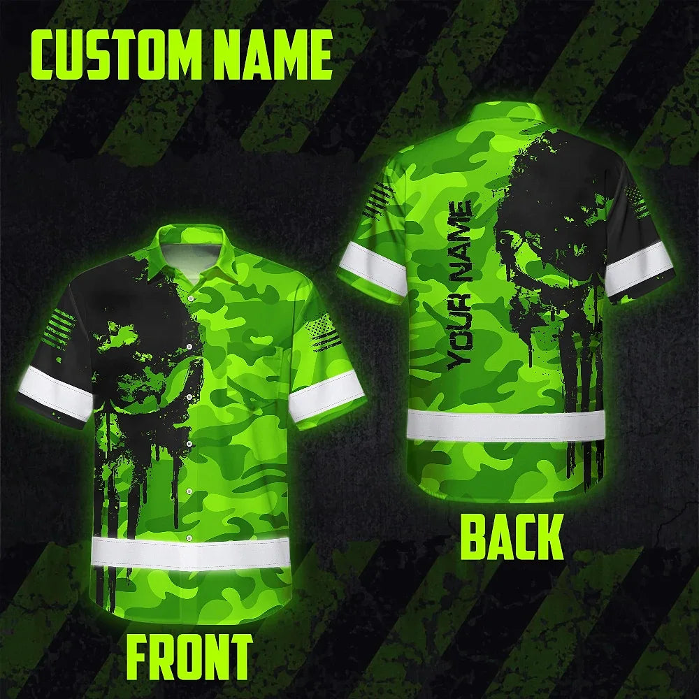 Hi Vis Hawaiian Shirt Reflective Camo And Skull Custom Name Safety Workwear For Runners, Cyclists, Skull Lover