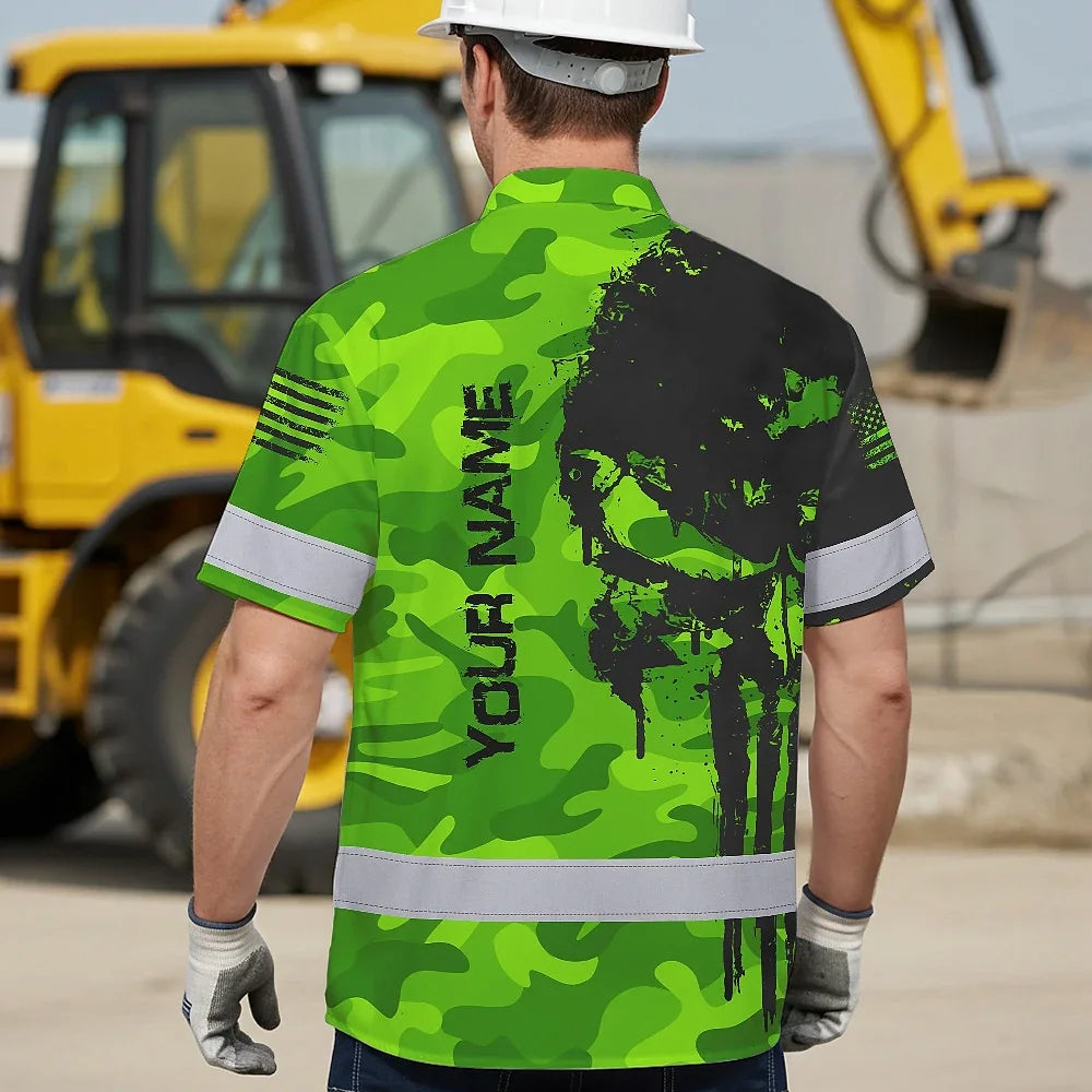 Hi Vis Hawaiian Shirt Reflective Camo And Skull Custom Name Safety Workwear For Runners, Cyclists, Skull Lover