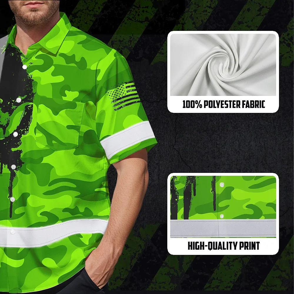 Hi Vis Hawaiian Shirt Reflective Camo And Skull Custom Name Safety Workwear For Runners, Cyclists, Skull Lover