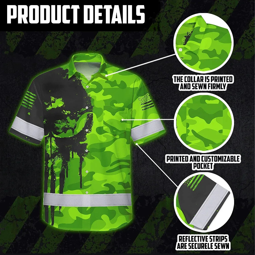Hi Vis Hawaiian Shirt Reflective Camo And Skull Custom Name Safety Workwear For Runners, Cyclists, Skull Lover
