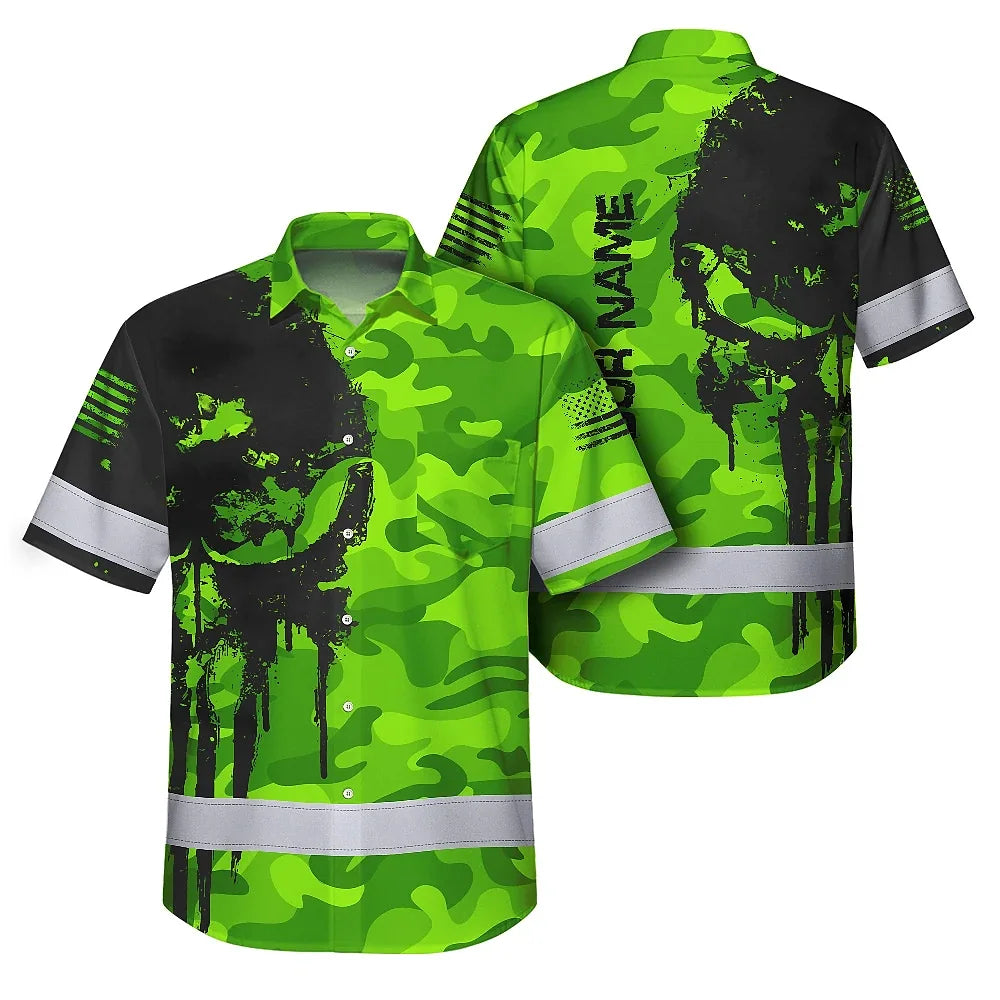Hi Vis Hawaiian Shirt Reflective Camo And Skull Custom Name Safety Workwear For Runners, Cyclists, Skull Lover