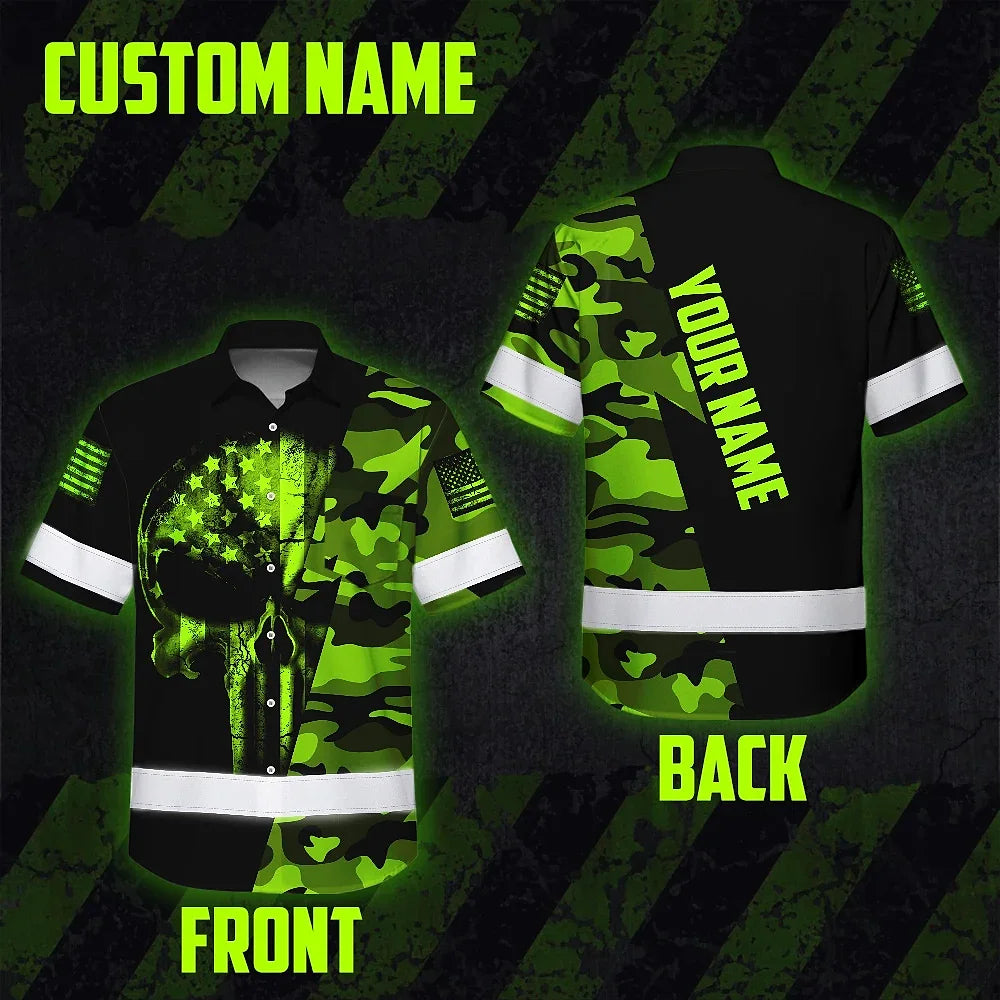 Hi Vis Hawaiian Shirt Reflective Camo Skull US Flag Safety Workwear