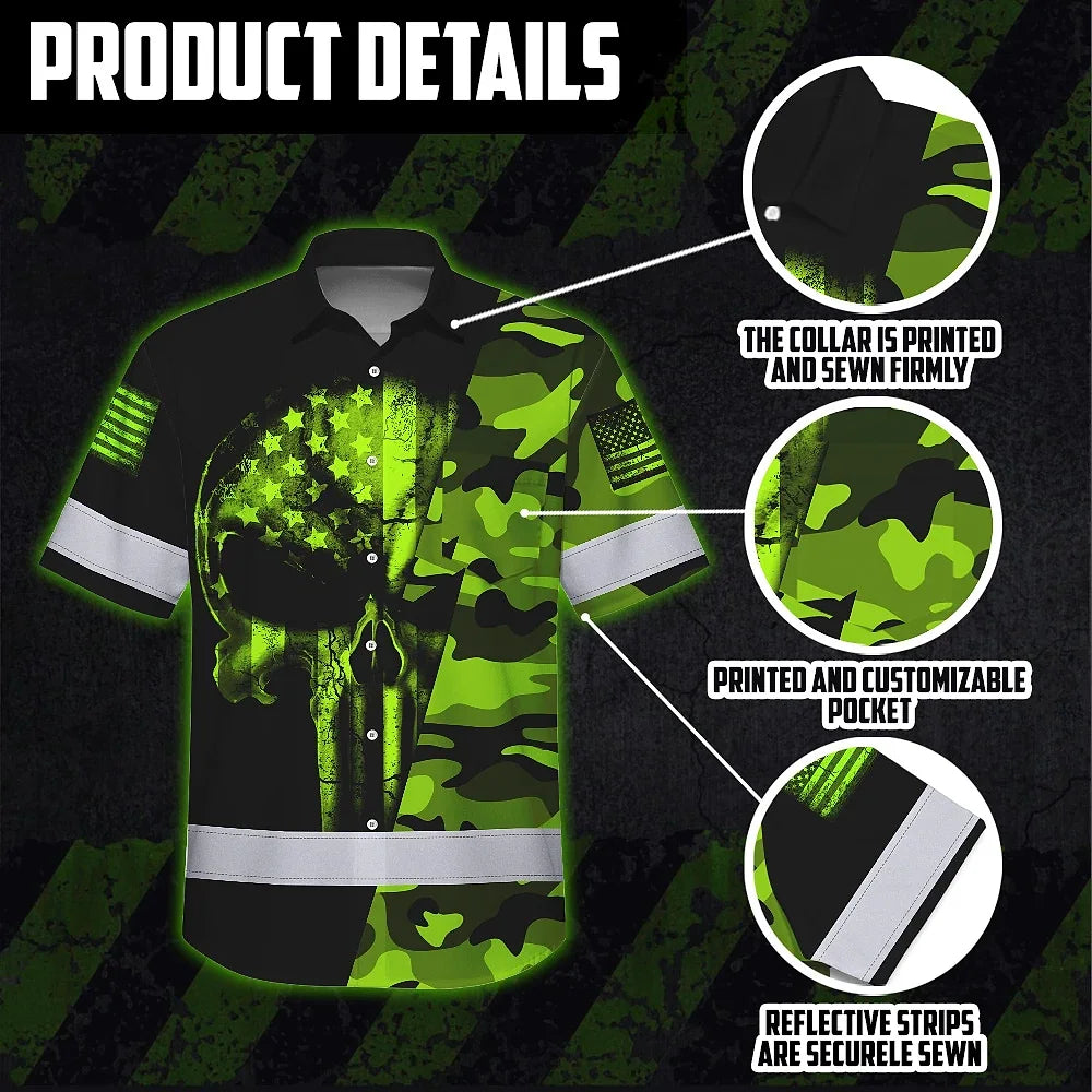 Hi Vis Hawaiian Shirt Reflective Camo Skull US Flag Safety Workwear