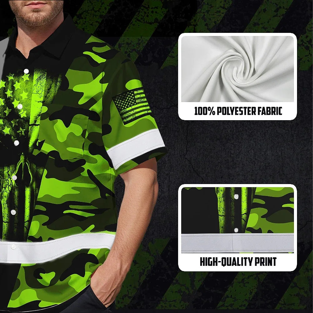 Hi Vis Hawaiian Shirt Reflective Camo Skull US Flag Safety Workwear