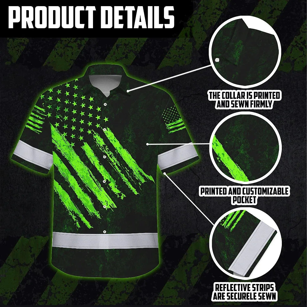 Hi Vis Hawaiian Shirt Reflective Custom Name US Flag Wave Safety Workwear For Workers, Runners, Patriotic