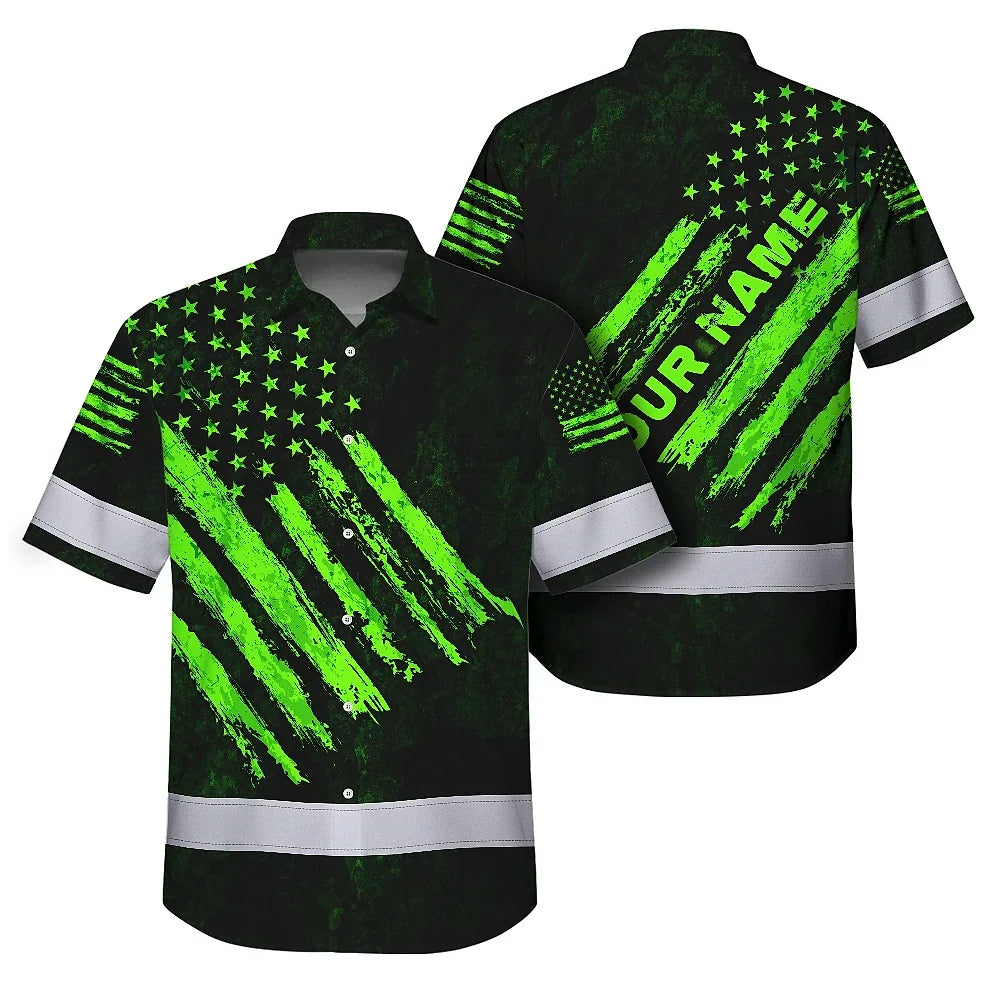 Hi Vis Hawaiian Shirt Reflective Custom Name US Flag Wave Safety Workwear For Workers, Runners, Patriotic