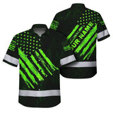 Hi Vis Hawaiian Shirt Reflective Custom Name US Flag Wave Safety Workwear For Workers, Runners, Patriotic