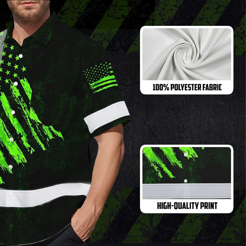 Hi Vis Hawaiian Shirt Reflective Custom Name US Flag Wave Safety Workwear For Workers, Runners, Patriotic