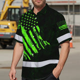 Hi Vis Hawaiian Shirt Reflective Custom Name US Flag Wave Safety Workwear For Workers, Runners, Patriotic