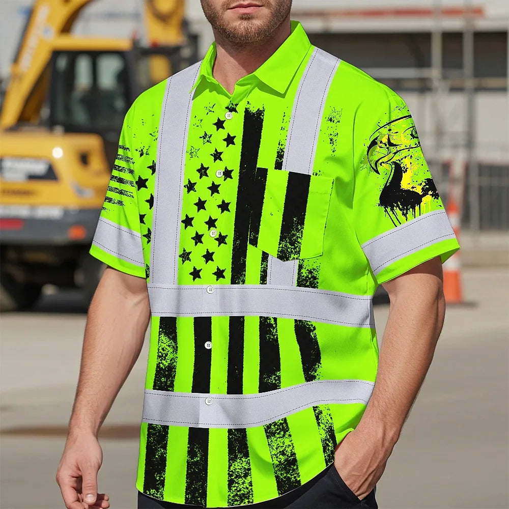 Hi Vis Hawaiian Shirt Reflective Eagle USA Flag Custom Name Safety Workwear