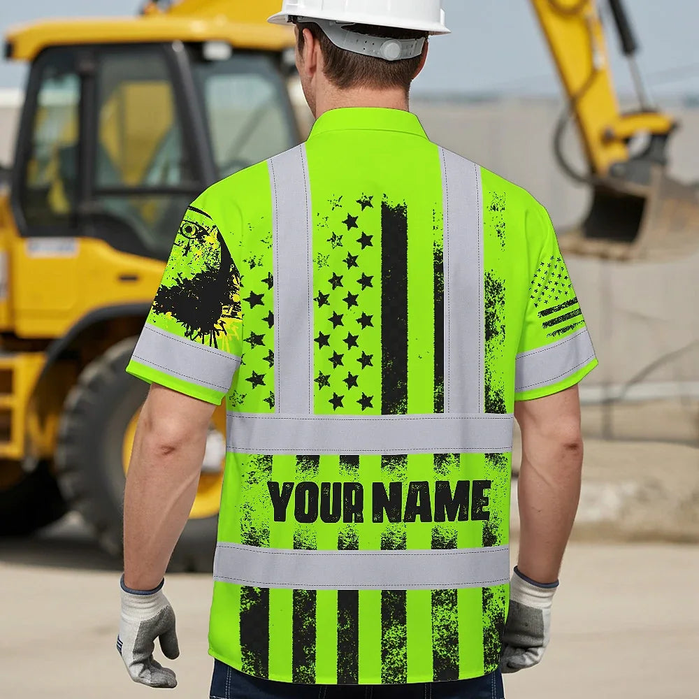 Hi Vis Hawaiian Shirt Reflective Eagle USA Flag Custom Name Safety Workwear