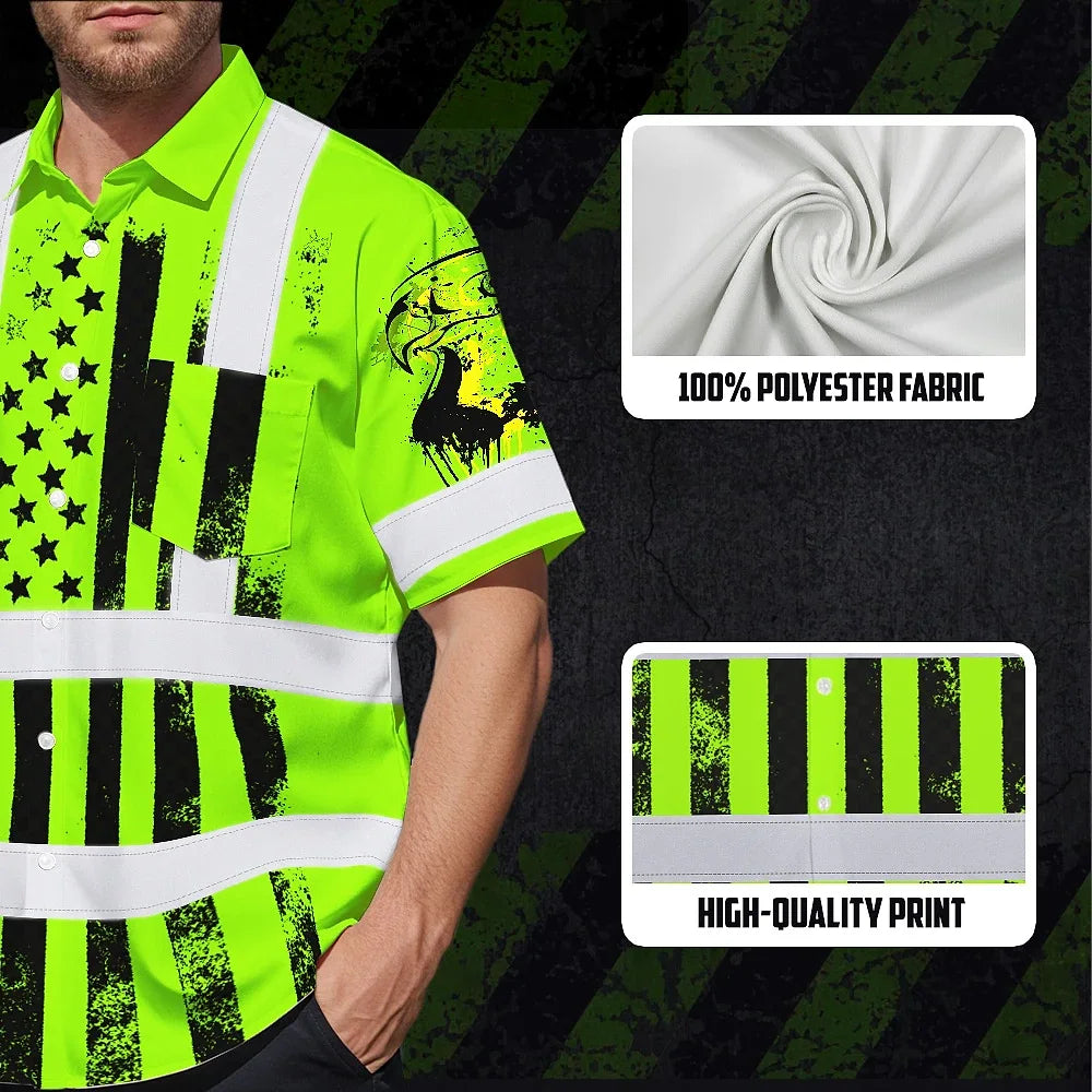 Hi Vis Hawaiian Shirt Reflective Eagle USA Flag Custom Name Safety Workwear