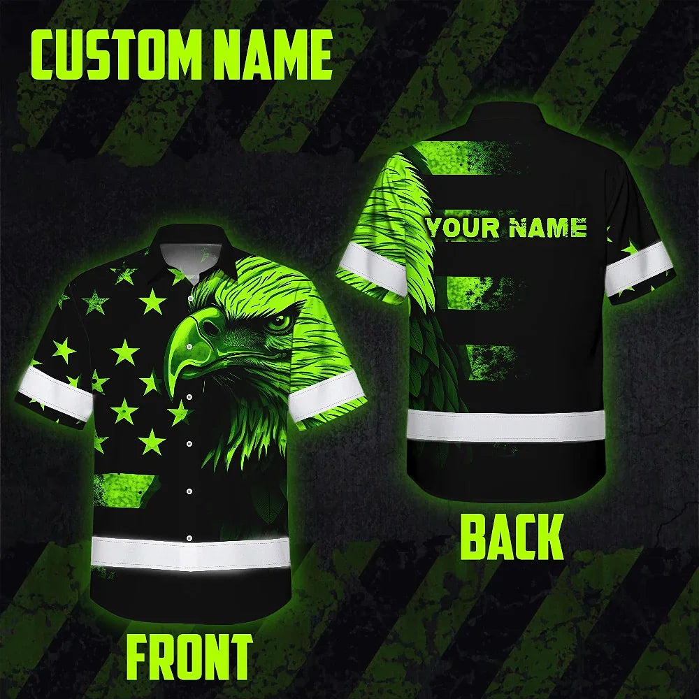 Hi Vis Hawaiian Shirt Reflective, Eagles US Flag Custom Name For Workers Runners Patriotic