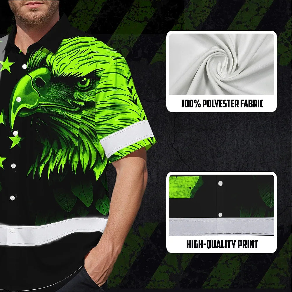 Hi Vis Hawaiian Shirt Reflective, Eagles US Flag Custom Name For Workers Runners Patriotic